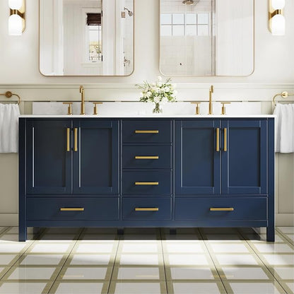 72-Inch Bathroom Vanity with Sink, 4 Soft-Close Doors and 6 Soft-Close Drawers, Bathroom Freestanding Vanity with Cultured Marble Countertop, Navy Blue Vanity W/Gold Handles