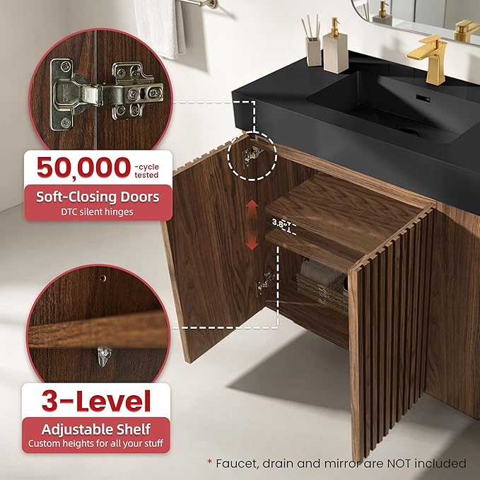 36" Bathroom Vanity with Sink, Freestanding Single Sink Bathroom Vanity with Black Engineered Stone Top & Open Side Storage, Soft-Closing Doors with Adjustable Shelf, Walnut