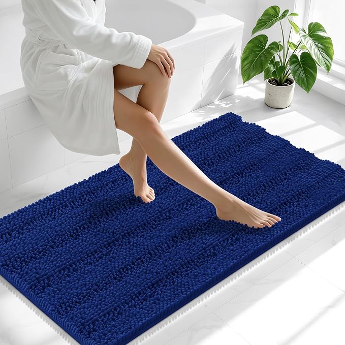 Smiry Thick Chenille Bathroom Runner Rugs 59x20, Absorbent Bath Mat, Navy | Quick‑Dry & Machine Washable, Non‑Slip Bath Carpet, Soft Striped Bath Rugs for Tub & Shower, Modern Home Decor Accessories