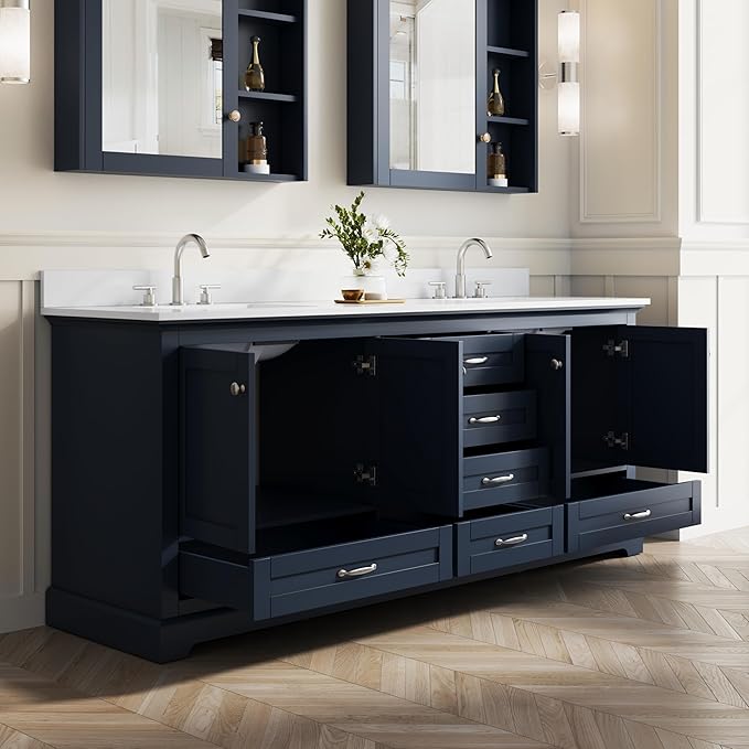 WELLFOR 80" Bathroom Vanity with Double Sinks, Bathroom Freestanding Vanity W/4 Soft-Close Doors and 6 Drawers, Large Storage Space Vanity, Cultured Marble Countertop (Navy Blue)