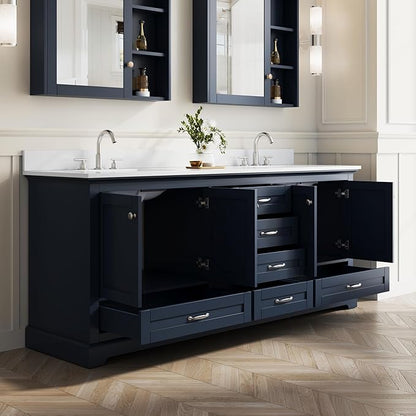 WELLFOR 80" Bathroom Vanity with Double Sinks, Bathroom Freestanding Vanity W/4 Soft-Close Doors and 6 Drawers, Large Storage Space Vanity, Cultured Marble Countertop (Navy Blue)