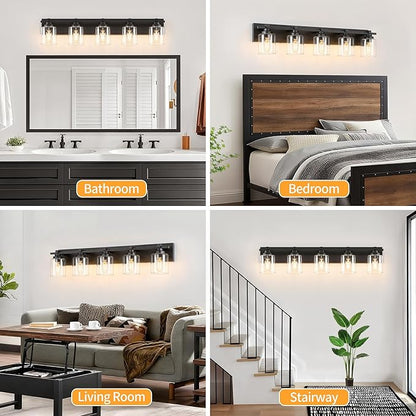5 Light Modern Bathroom Light Fixtures Over Mirror, Black Vanity Lights for Bathroom Wall Sconces with Clear Glass Shades, E26 Socket (Bulbs Not Included)