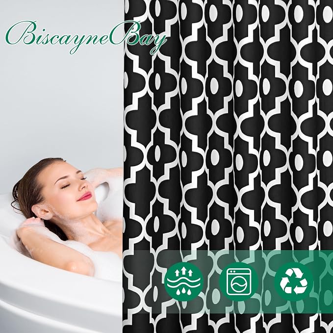 Fabric Modern Shower Curtain-Black and White Shower Curtains for Bathroom | 72"W x 72"L Textured Faux Linen Elegant Classic Moroccan Bath Decor-Hotel Quality Transitional Washable & Breathable Cloth