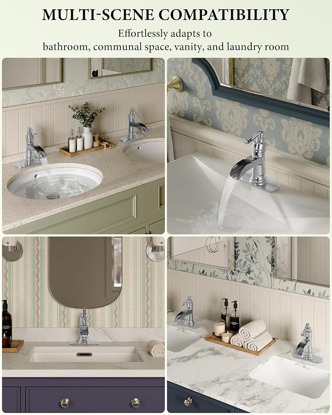 Bathroom Faucet Chrome Waterfall Bathroom Sink Faucets with Single Handle | Rustic Vanity Farmhouse RV Faucet Suitable for 1 or 3 Holes with Pop-up Drain Deck Plate Hose by Homevacious