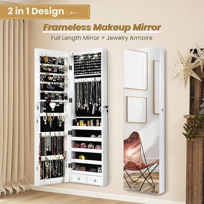 NAFORT 2 LEDs Mirror Jewelry Armoire, 47.5" H Door or Wall Mounted Jewelry Cabinet with Frameless Mirror, Lockable Jewelry Storage Box, Hanging Jewelry Organizer with 2 Drawers, White