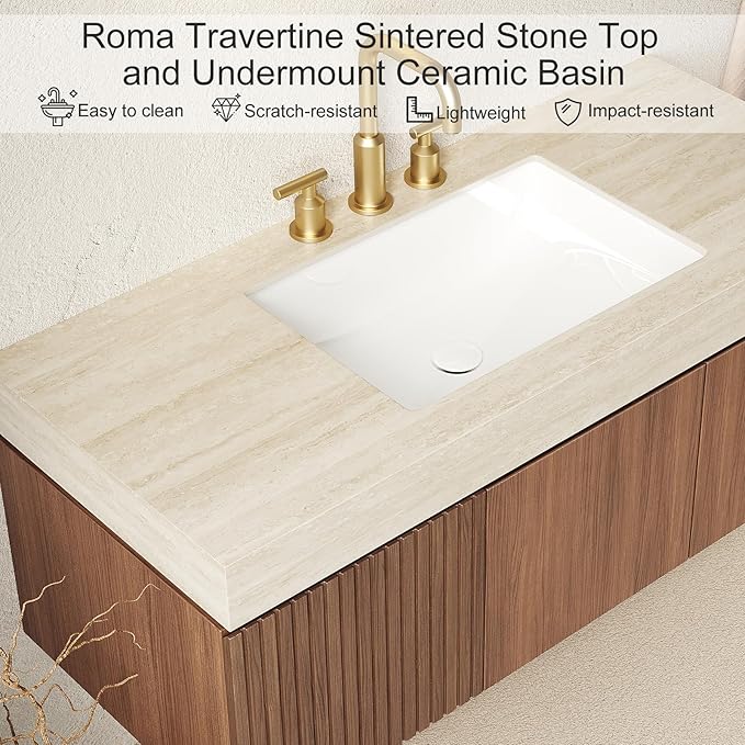 30 Inch Floating Bathroom Vanity with Sink, Plywood Bathroom Storage Cabinet with Drawer and Door, Light Yellow Sintered Stone Top with 3 Pre-drilled Faucet Holes White Basin, Pre-Assembled, Light Oak