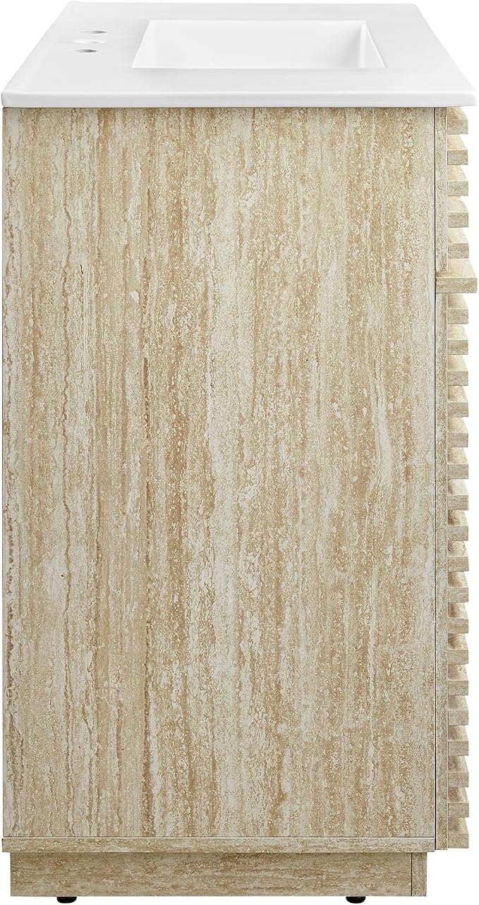 Modway Render Faux Travertine Slatted 36 Inch Bathroom Vanity in White with Sink Combo - Mid-Century Modern Single Sink Bathroom Vanity - Vanity Cabinet with Soft-Close Doors
