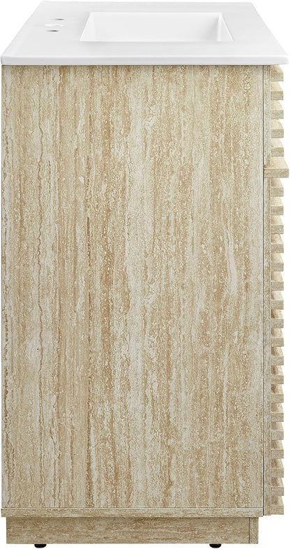 Modway Render Faux Travertine Slatted 36 Inch Bathroom Vanity in White with Sink Combo - Mid-Century Modern Single Sink Bathroom Vanity - Vanity Cabinet with Soft-Close Doors