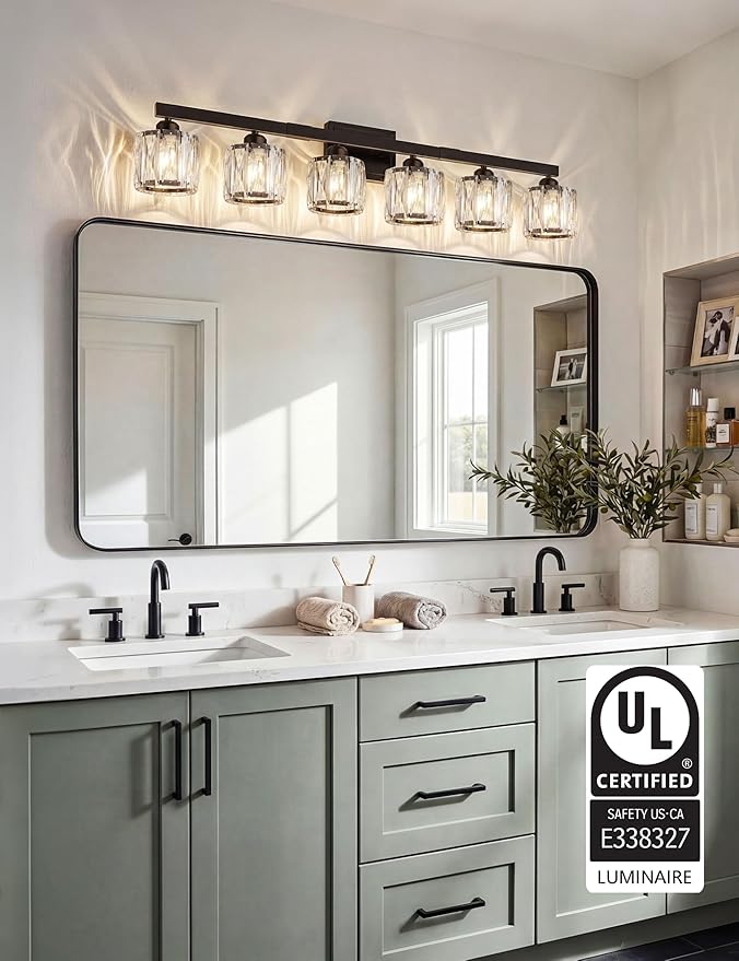 VOLISUN Crystal Vanity Lights for Bathroom, 6 Light Bathroom Vanity Light, Modern Matte Black Bathrooms Light Over Mirror, Black Bathrooms Lights Fixtures-UL Certificated(Exclude Bulb)