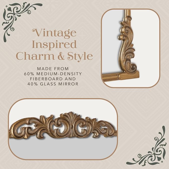 English Estate Carved Arch Wood Wall Mirror, Mirror for Entryway, Living Room, Bathroom, Antique Gold, 30.6x41