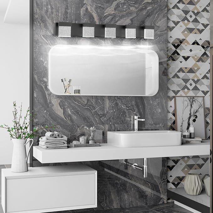 Crystal Black Light Fixtures, 5 Light Vanity Lights, LED Over Mirror, Modern Bathroom Vanity Light 6000K, 39 Inch