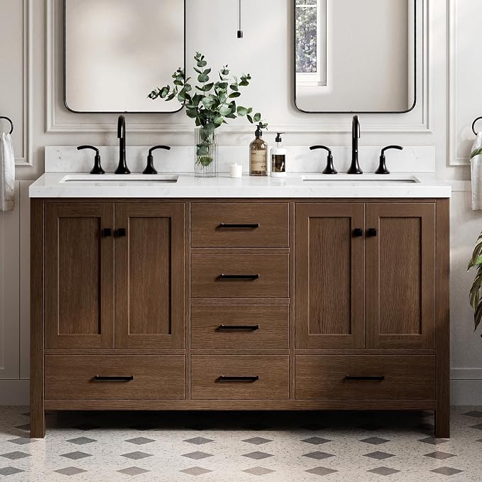 ARIEL Cambridge 60-inch Bathroom Vanity with Sink,Solid Wood, 1.5-inch Carrara White Quartz Countertop, Double Rectangular Porcelain Sink, 4 Soft Closing Doors, 6 Dovetail Drawers, Brown Oak