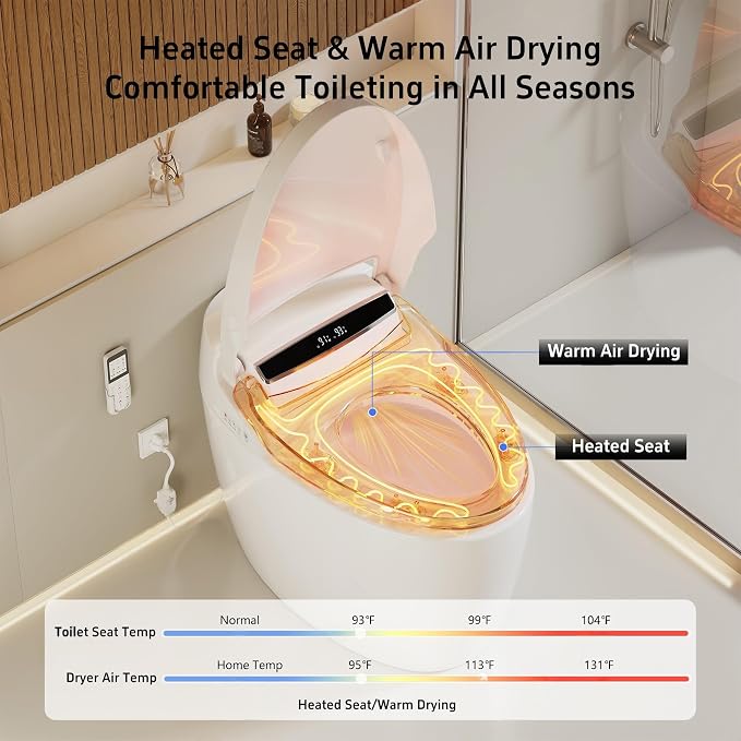 Smart Toilet with Bidet Built In with Warm Water Sprayer and Dryer | Foot Sensor Operation,Heated Seat toilet with LED Display for Bathroom,Auto Dual Flush