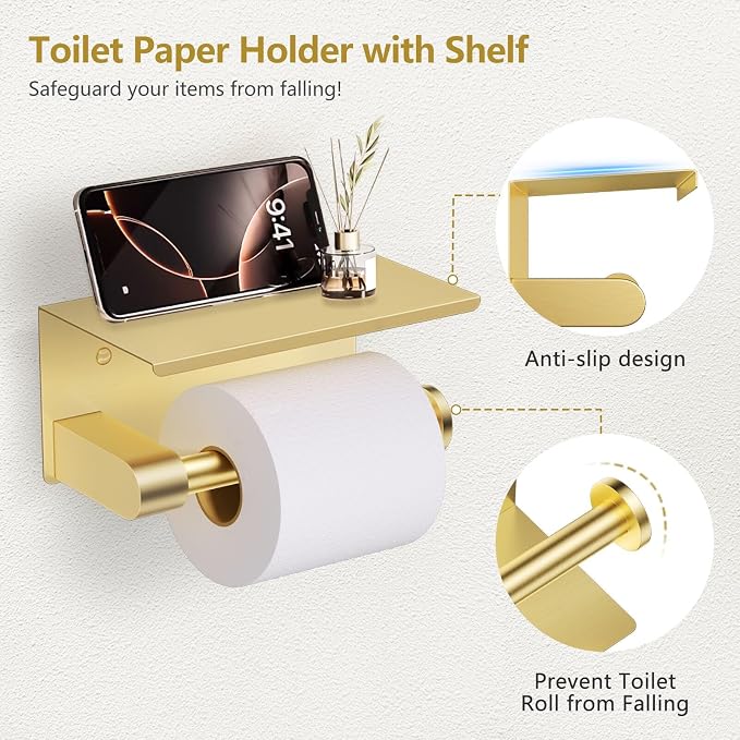 TQKAG 5 Piece Bathroom Hardware Set, Brushed Gold Bathroom Accessories | SUS304 Stainless Steel, 23.6" Brushed Gold Toilet Paper Holder with Shelf, Towel Racks for Bathroom Wall Mounted, Towel Bars