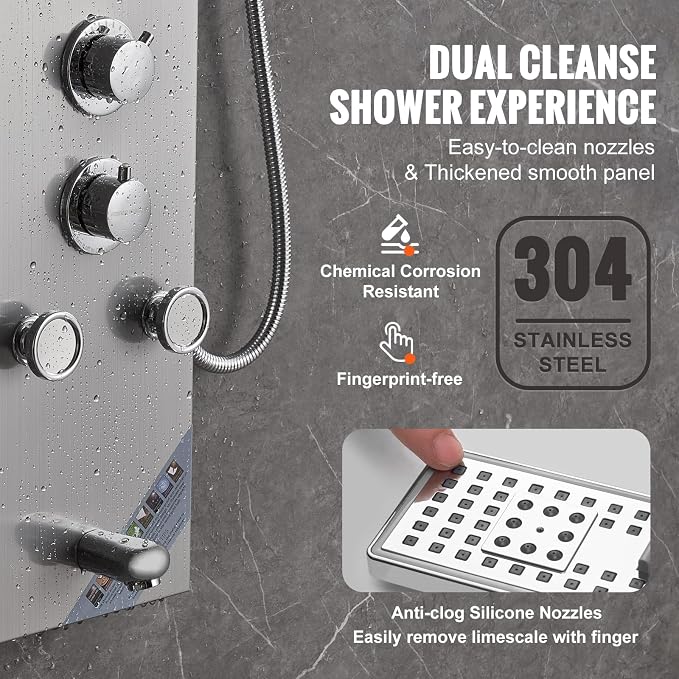 VEVOR Shower Panel Tower System, 6 Shower Modes, LED & Screen Hydroelectricity Shower Panel, Rainfall, Waterfall, 5 Massage Jets, Tub Spout, Handheld Shower, Stainless Steel Wall-Mounted Shower Set