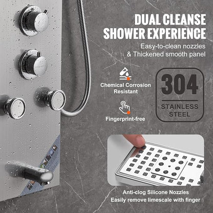 VEVOR Shower Panel Tower System, 6 Shower Modes, LED & Screen Hydroelectricity Shower Panel, Rainfall, Waterfall, 5 Massage Jets, Tub Spout, Handheld Shower, Stainless Steel Wall-Mounted Shower Set