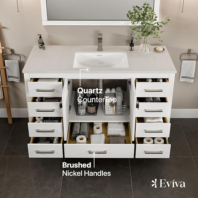 Eviva London 54 Inch Bathroom Vanity with Countertop, White Vanity Bathroom Sink Cabinet W/Quartz Countertop Porcelain Single Sink Design for Modern Bathrooms