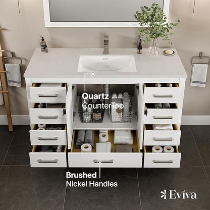 Eviva London 54 Inch Bathroom Vanity with Countertop, White Vanity Bathroom Sink Cabinet W/Quartz Countertop Porcelain Single Sink Design for Modern Bathrooms