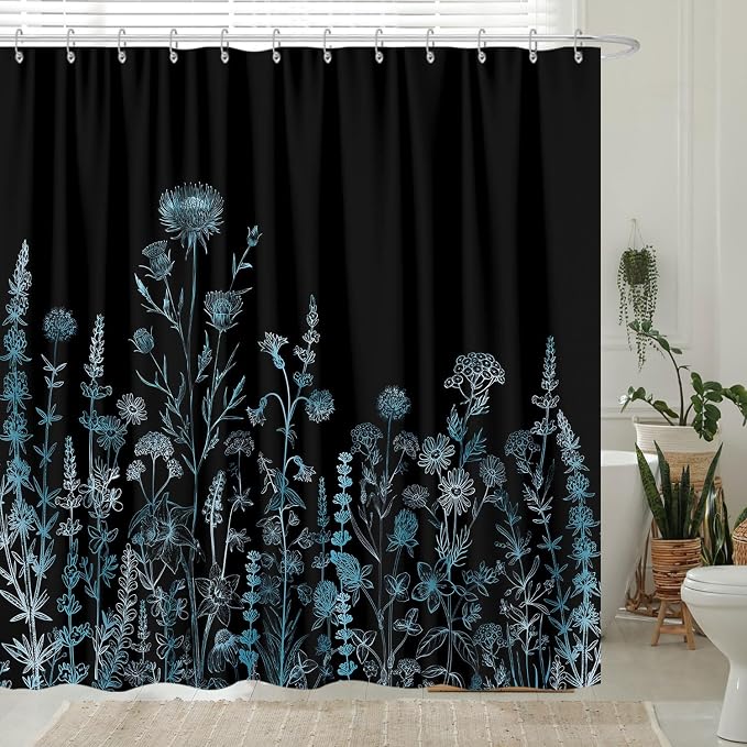Vintage Black and Blue Boho Shower Curtain, Black and Green Floral Aesthetic Dark Wildflower Botanical Flowers Shower Curtain for Bathroom with Hook, Farmhouse Plant Art Chic Shower Curtain 72X72