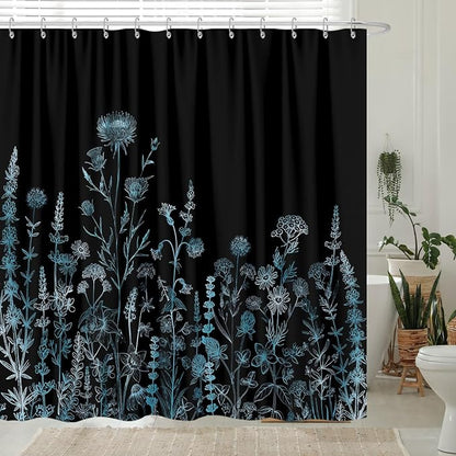 Vintage Black and Blue Boho Shower Curtain, Black and Green Floral Aesthetic Dark Wildflower Botanical Flowers Shower Curtain for Bathroom with Hook, Farmhouse Plant Art Chic Shower Curtain 72X72