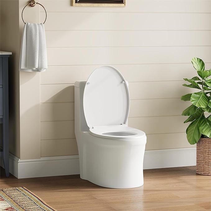 19" Elongated Toilet Seat with Soft Close, Quick Release and Quick Attach Design, Plastic Toilet Seat with Non-Slip Bumpers, Never Loosens and Easy to Install and Clean, Fits Most Elongated Toilets