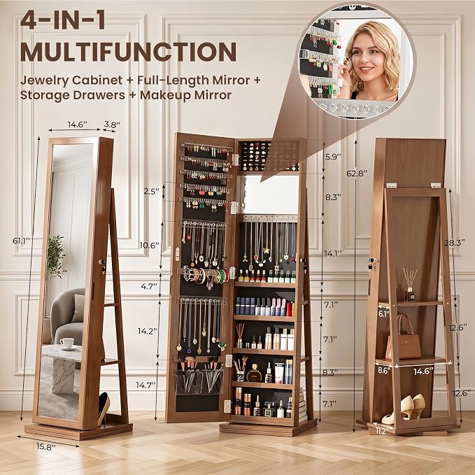 4-In-1 Jewelry Cabinet Jewelry Armoire Lockable Standing, Brown | Jewelry Organizer with Storage, Full-Length Mirror, 3 Storage Shelves, Makeup Mirror, 360 ° Swivel Jewelry Armoire for Women