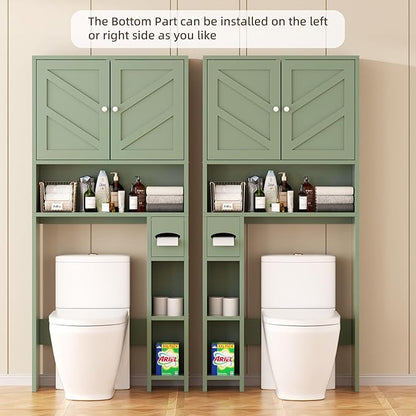 Shintenchi Over the Toilet Storage Cabinet, Bathroom Storage Cabient with Barn Doors, Bathroom Storage Shelf Organizer with Toilet Paper Holder, Adjustable Shelf and Anti-Tip Device, Green