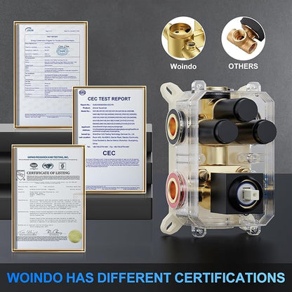 Woindo Shower Faucet Set, 12" Wall Mount Rainfall Shower System with 2 Rain Shower Head and Multi-function Handheld Head Push Button Diverter Shower Faucet Trim Kit