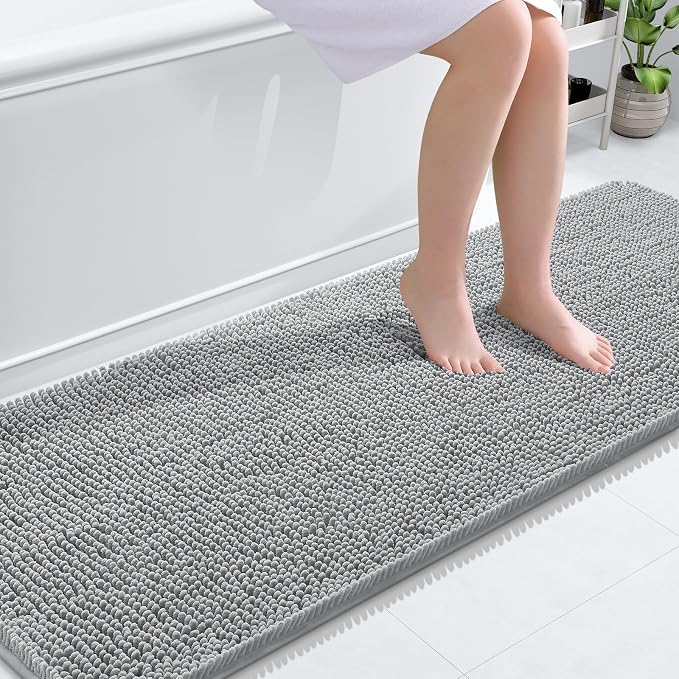 OLANLY Bathroom Runner Rugs 70x24, Extra Soft Absorbent Chenille Bath Rugs | Light Grey, Quick-Drying Rubber Backing, Washable Long Bath Mat for Bathroom Floor, Tub and Shower, Home Decor Accessories