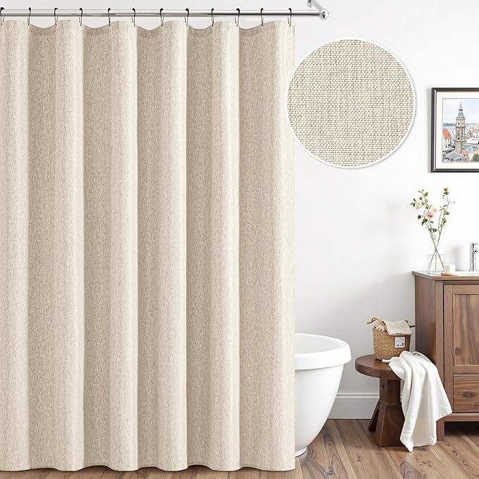 ANRODUO Cream Beige Extra Long Linen Fabric Shower Curtain Set - W72xL108 | Farmhouse Shower Curtain with 12 Metal Hooks, Waterproof Heavy Duty, Button Hole Design, Machine Washable for Bathroom