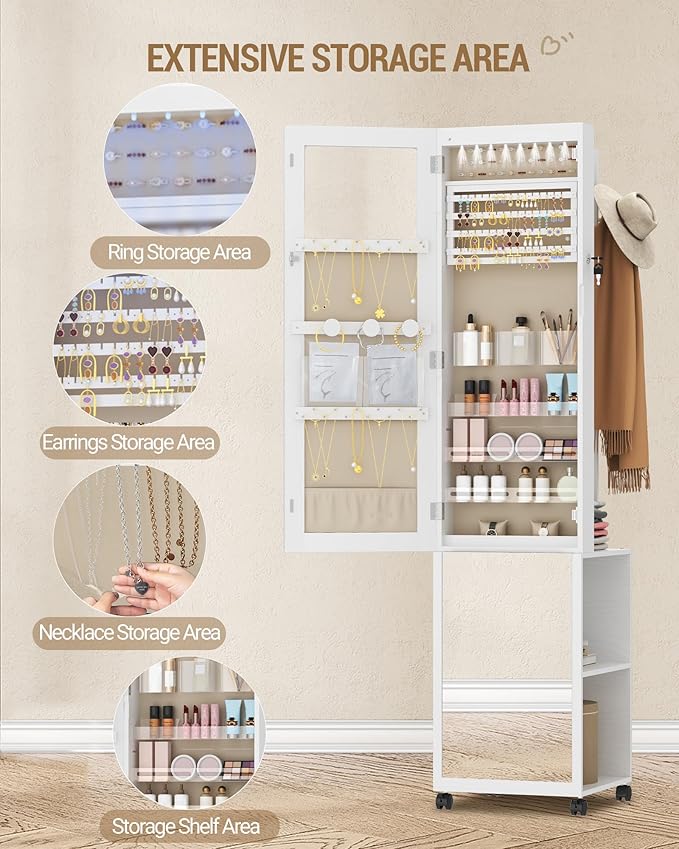 Hzuaneri 8 LEDs Jewelry Cabinet Armoire, 66.9-inch Jewelry Organizer | Lockable Full-length Mirror with Garment Rack & 4 Wheels, Storage Shelves with Hooks, 5-in-1, White and Beige JC17003BE