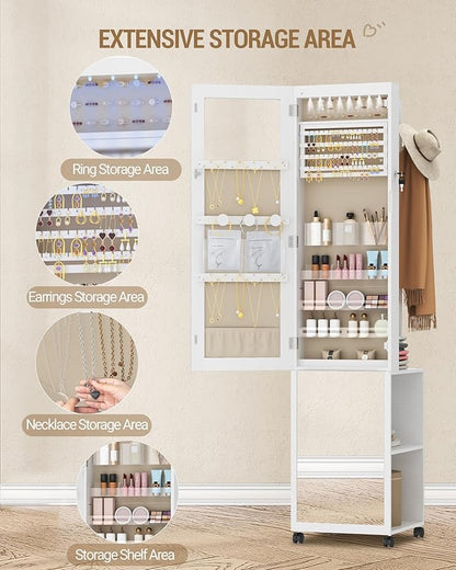 Hzuaneri 8 LEDs Jewelry Cabinet Armoire, 66.9-inch Jewelry Organizer | Lockable Full-length Mirror with Garment Rack & 4 Wheels, Storage Shelves with Hooks, 5-in-1, White and Beige JC17003BE