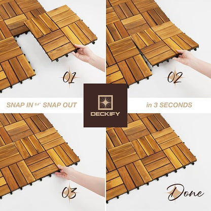 9-Piece Acacia Wood Interlocking Deck Tiles, Golden Teak Crossed | 12-Slat Cross Drainage, Non-Slip Grip, 490 lb Capacity, Protective Oil-Rubbed Finish, Flat-Surface Install, Patio Ready