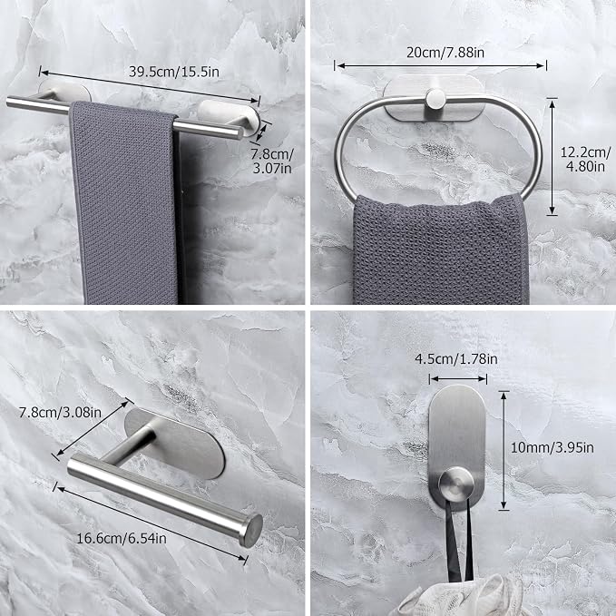 JiGiU Self Adhesive Towel Bar, Wall Mount No Drill Bathroom Hardware Set | Include 16-Inch Bath Towel Bar,Toilet Paper Holder Towel Ring & 3-Pack Towel Hooks Stainless Steel Sticky on Towel Holder Kit