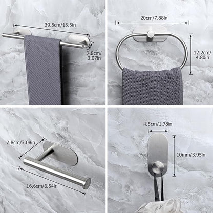 JiGiU Self Adhesive Towel Bar, Wall Mount No Drill Bathroom Hardware Set | Include 16-Inch Bath Towel Bar,Toilet Paper Holder Towel Ring & 3-Pack Towel Hooks Stainless Steel Sticky on Towel Holder Kit
