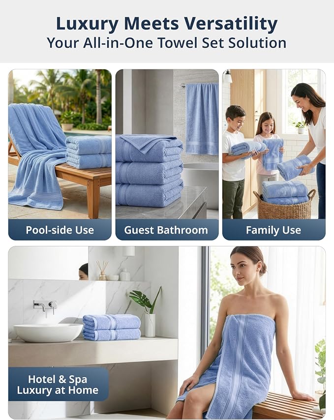 LANE LINEN Bath Towel Set Quick Dry 100% Cotton 4 Piece Soft - Allure | Cotton Towels - Classic Terry Weave, Densely Woven, Coordinated Colors, Dobby Border Accent, OEKO-TEX Certified