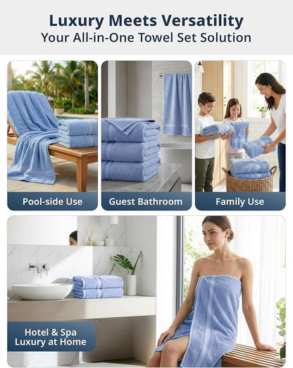LANE LINEN Bath Towel Set Quick Dry 100% Cotton 4 Piece Soft - Allure | Cotton Towels - Classic Terry Weave, Densely Woven, Coordinated Colors, Dobby Border Accent, OEKO-TEX Certified