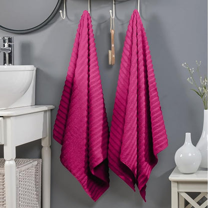 Elegant Comfort 100% Turkish Cotton Corduroy Ribbed Luxury Soft 2 Pack Bath Towels 27 x 54 Inch - Ultra Plush, Absorbent, Quick Dry, Hotel Spa Quality Towels for Bathroom Essentials, Hot Pink