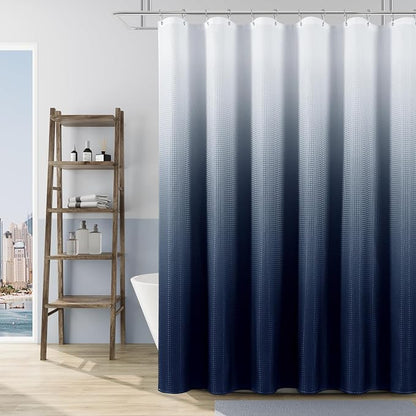 Shower Curtain 72 inches Long 6FT for Bathroom 1 Panel Navy Blue | Ombre Waffle, Shower Curtains with Hook, Water Repellent, Boho Farmhouse, Simple Modern Bath Decor, 72x72
