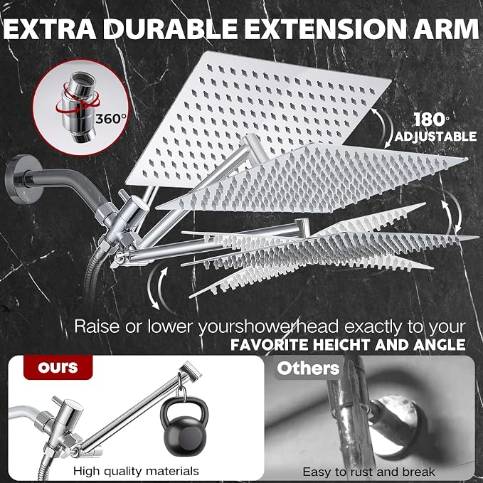 14 Inch Shower Head, Rain Shower Head with Adustable Extension Arm, Detachable Silver Rina Shower Head with Handheld Spray, High Pressure Shower Hose with Holder in Bathroom
