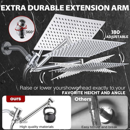 14 Inch Shower Head, Rain Shower Head with Adustable Extension Arm, Detachable Silver Rina Shower Head with Handheld Spray, High Pressure Shower Hose with Holder in Bathroom