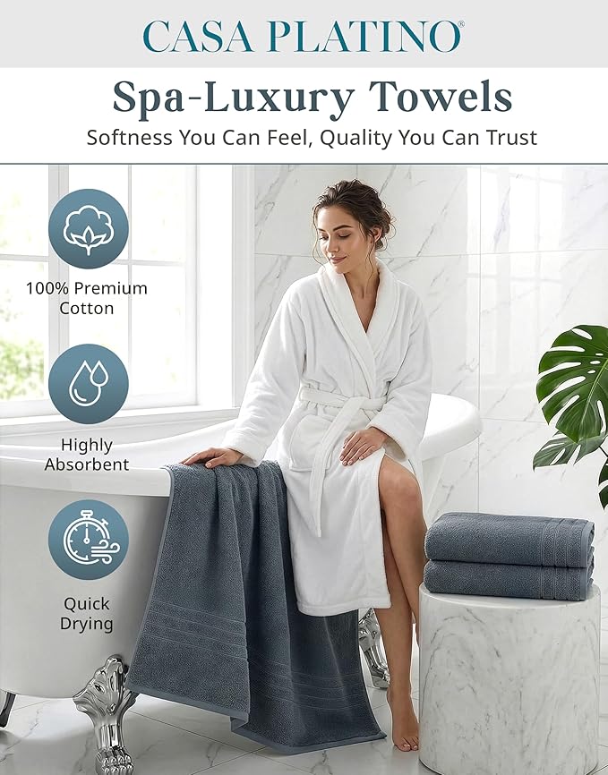 Casa Platino 100% Cotton 4 Pack Bath Towels Set (30"x60") - Ring Spun, Large Cotton Towels for Bathroom - Quick Dry, Soft & Absorbent Bath Towel Set - Remains Soft After Multiple Washes - Cool Grey