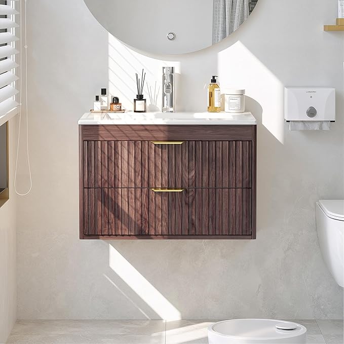 24 Inch Floating Bathroom Vanity with Sink, Bathroom Wall Cabinet with 2 Fluted Drawers & Metal Handle, Wall Mounted Cabinet for Bathrooms (Brown, 24 inch, with Sink)