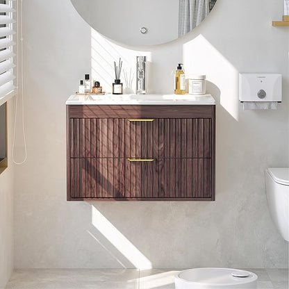 24 Inch Floating Bathroom Vanity Without Sink, Bathroom Wall Cabinet with 2 Fluted Drawers & Metal Handle, Wall Mounted Cabinet for Bathrooms (Brown, 24 inch, Without Sink)