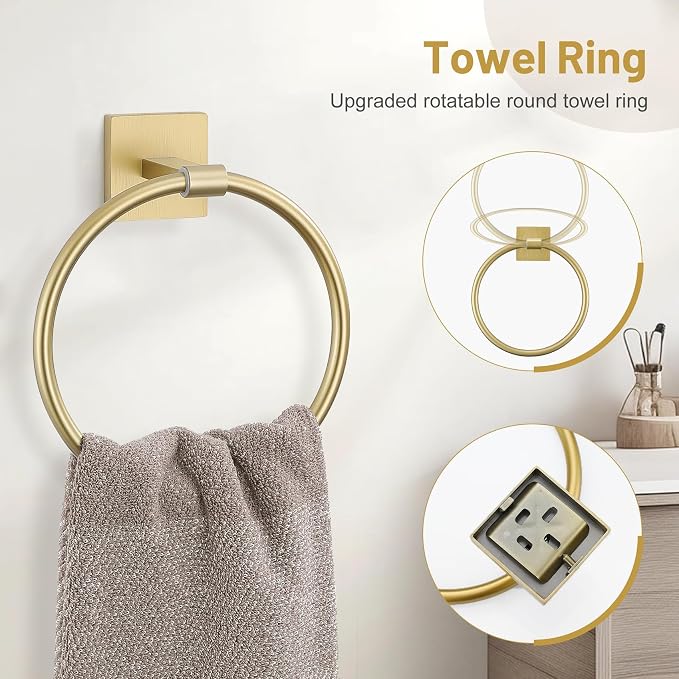 Lairuier Bathroom Hardware Set Brushed Gold, Towel Holder Set Wall Mounted | Bathroom Accessories Set, SUS304 Stainless Steel 23.6" Towel Bar, Toilet Paper Holder with Shelf, Towel Ring and Towel Hooks