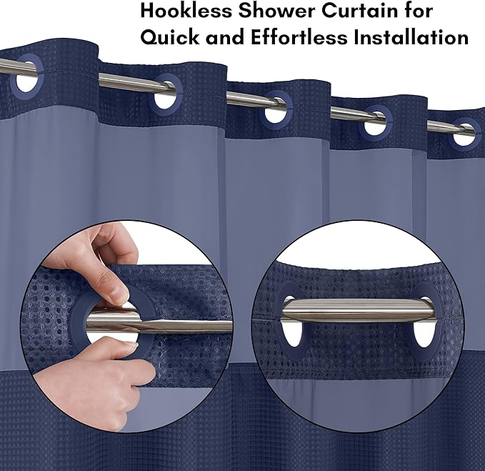 Americanflat 72x75 Hookless Waffle Pattern Shower Curtain - Water-Resistant Long Shower Curtain with Sheer Panel, Snap-in Liner, and Durable Grommets - 100% Polyester - Blue