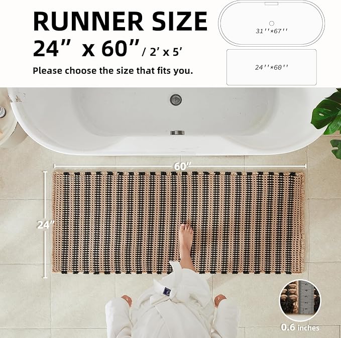 TYUU Waffle Runner Rug Bathroom, Long Boho Bath Mat, 60x24 Black & Khaki | Super Absorbent Quick Dry Bath Rug, Non-Slip Backing, Soft Waffle Washable Farmhouse Bathroom Mats, Tub, Shower & Home Decor