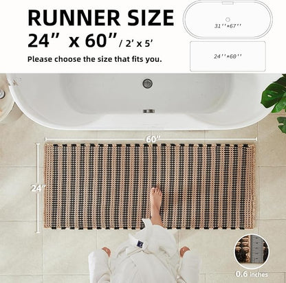 TYUU Waffle Runner Rug Bathroom, Long Boho Bath Mat, 60x24 Black & Khaki | Super Absorbent Quick Dry Bath Rug, Non-Slip Backing, Soft Waffle Washable Farmhouse Bathroom Mats, Tub, Shower & Home Decor
