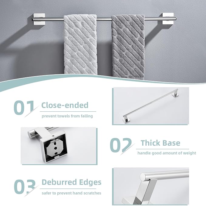 Suyar Bathroom Accessories Set Polished Chrome, Bathroom Hardware Set | Include Robe Hook, Toilet Paper Holder, Hand Towel Holder, Towel Bar, SUS304 Stainless Steel, Wall Mounted