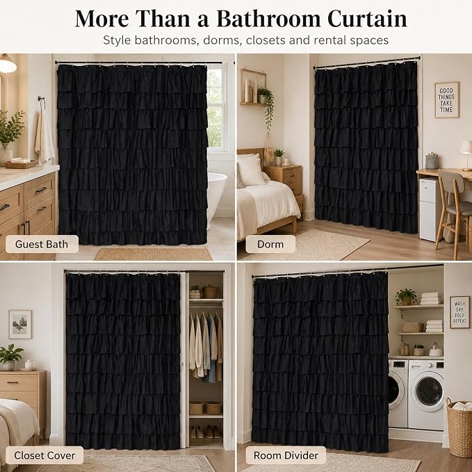 Black Ruffle Shower Curtain for Bathroom, 72x72, Cascading Layered Ruffles | Flowing Ruffle Drape, 72 x 72 inch, 7ft, 12 Plastic Hooks Included, Machine Washable, Soft Brushed Microfiber Fabric